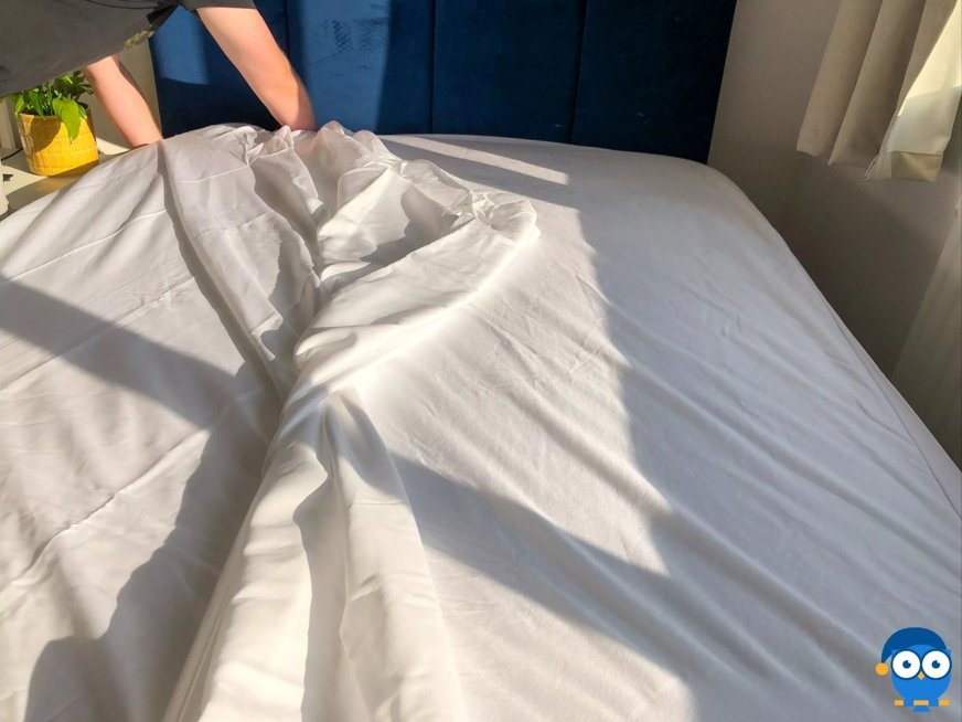 DreamCloud sheets fitted to bed