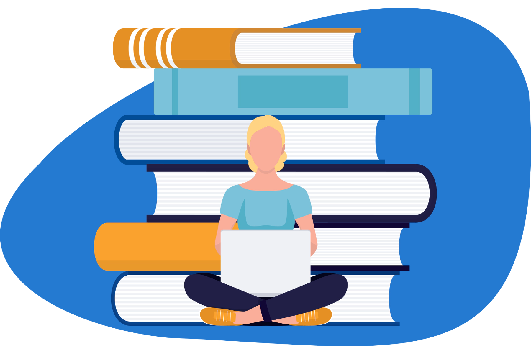 expert doing research in front of a pile of books